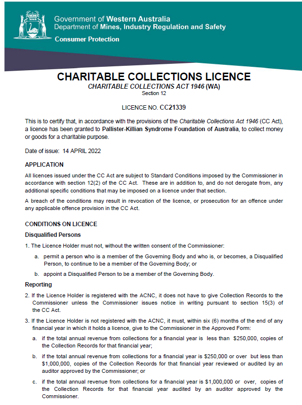 Charitable Collections Licence Government of WA